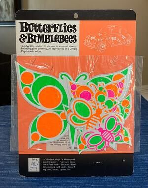 VTG Psychedelic Butterflies & Bumblebees Day-Glo Decal Sticker Pack NOS Boho VW
